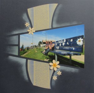 Only one photo used here, enlargement 5x7. Page finished off with stamped paper, lace figurines and Wood Figures.